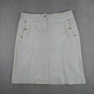 Oilily White Denim Skirt Size 36 4-6 Small Medium Knee Stretch Embroidered